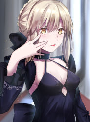 Rule 34 | absurdres, artoria pendragon (all), artoria pendragon (fate), blonde hair, blurry, blurry background, blush, breasts, choker, cleavage, commentary request, dress, fate/grand order, fate (series), hair between eyes, hair bun, highres, long hair, looking at viewer, saber alter, sii artatm, single hair bun, small breasts, tongue, tongue out, upper body, yellow eyes