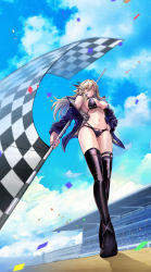 Rule 34 | 1girl, absurdres, alternate hairstyle, artoria pendragon (fate), artoria pendragon (lancer alter) (fate), bikini, black bikini, blonde hair, blue jacket, blue sky, boots, braid, breasts, checkered flag, cleavage, cloud, cloudy sky, commission, confetti, day, fate/grand order, fate (series), flag, french braid, from below, full body, hair between eyes, highres, holding, holding flag, horns, jacket, large breasts, long hair, long sleeves, looking at viewer, navel, off shoulder, open clothes, open jacket, outdoors, race queen, sidelocks, skeb commission, sky, solo, stadium, swimsuit, thigh boots, umbrella, wisespeak, yellow eyes