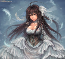 Rule 34 | 1girl, breasts, brown eyes, brown hair, cleavage, clothes lift, corset, dansearl, dress, feather hair ornament, feathers, hair ornament, long hair, original, skirt, skirt lift, smile, solo