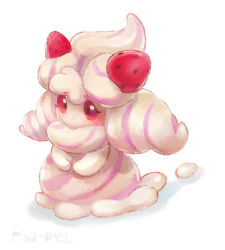 Rule 34 | alcremie, alcremie (strawberry sweet), alcremie (vanilla cream), ava-riel, commentary, creature, creatures (company), english commentary, food, fruit, full body, game freak, gen 8 pokemon, nintendo, no humans, pokemon, pokemon (creature), purple eyes, simple background, solo, standing, strawberry, white background