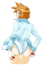 Rule 34 | 1girl, artist request, ass, back, blue eyes, breasts, check source, cowboy shot, creatures (company), game freak, holding, holding poke ball, jacket, legs, misty (pokemon), nintendo, one-piece swimsuit, open clothes, orange hair, poke ball, poke ball (generic), pokemon, pokemon hgss, simple background, solo, source request, standing, swimsuit, thighs, white background