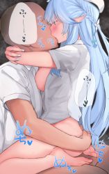 Rule 34 | arms around neck, ass grab, bare legs, barefoot, blue hair, blush, bottomless, braid, breasts, breasts out, clothed sex, crown braid, faceless, faceless male, feet, french braid, girl on top, hair ornament, hair over eyes, hololive, kafuu kaya, kiss, large breasts, long hair, nail polish, no bra, open clothes, open shirt, pointy ears, sex, shirt, short sleeves, sideboob, sitting, sitting on person, straddling, sweat, upright straddle, very long hair, virtual youtuber, white nails, white shirt, yukihana lamy