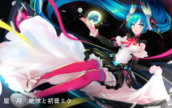 Rule 34 | 1girl, absurdly long hair, absurdres, aqua eyes, aqua hair, artist name, artist request, bare shoulders, black detached collar, black skirt, blue eyes, blue hair, blush, breasts, female focus, floating hair, full body, fur-trimmed sleeves, fur trim, hatsune miku, highres, holding, holding clothes, holding skirt, iyokamioto, long hair, necktie, parted lips, pink legwear, pink ribbon, planet, radio, red necktie, ribbon, shirt, shoes, sitting, skirt, small breasts, smile, solo, space, twintails, very long hair, vocaloid, white footwear, white shirt