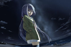 Rule 34 | 1girl, absurdres, black thighhighs, blue hair, cat hair ornament, closed mouth, cloud, cloudy sky, fisheye, green hood, green jacket, hair ornament, hair ribbon, hairclip, hands in pockets, highres, hood, jacket, karyl (princess connect!), karyl (real) (princess connect!), long hair, long shirt, long sleeves, looking at viewer, looking to the side, low twintails, mo yu de jiaozi, multicolored hair, night, night sky, ocean, open clothes, open jacket, outdoors, princess connect!, purple eyes, red ribbon, ribbon, shirt, sky, solo, star (sky), starry sky, streaked hair, t-shirt, thighhighs, twintails, waves, white hair, white shirt