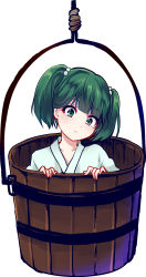 Rule 34 | 1girl, bucket, green eyes, green hair, hair bobbles, hair ornament, head tilt, highres, in bucket, in container, japanese clothes, kimono, kisume, looking at viewer, matching hair/eyes, short hair, simple background, solo, touhou, twintails, uranaishi (miraura), wooden bucket, yukata