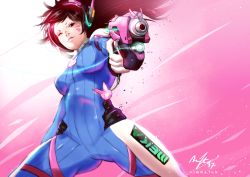 Rule 34 | 1girl, acronym, aiming, aiming at viewer, animal print, artist name, blue bodysuit, bodysuit, breasts, brown eyes, brown hair, charm (object), clothes writing, cowboy shot, crotch, d.va (overwatch), facial mark, finger on trigger, foreshortening, from below, gloves, gun, handgun, headphones, high collar, holding, holding gun, holding weapon, legs apart, long hair, looking at viewer, looking down, medium breasts, one eye closed, overwatch, overwatch 1, pilot suit, pink background, pistol, ribbed bodysuit, shoulder pads, signature, skin tight, solo, swept bangs, vibratix, weapon, whisker markings, white gloves, wind