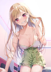 Rule 34 | 1girl, :d, barbell piercing, bare shoulders, blonde hair, blush, breasts, camisole, cleavage, collarbone, commentary request, covered erect nipples, dated, ear piercing, from below, green shorts, hand in own hair, high-waist shorts, highres, indoors, industrial piercing, kitagawa marin, large breasts, leaf print, long hair, looking at viewer, looking down, neki (wakiko), open mouth, parted lips, piercing, print shorts, purple eyes, shorts, signature, smile, sono bisque doll wa koi wo suru, strap slip, very long hair