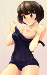 Rule 34 | 1girl, breast slip, brown eyes, female focus, highres, nanjin, nipples, one-piece swimsuit, one breast out, original, school swimsuit, short hair, showering, solo, swimsuit, undressing