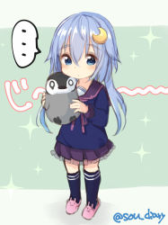 Rule 34 | ..., 1girl, aged down, animal slippers, blue eyes, blue hair, blue shirt, blue socks, blush, bunny slippers, closed mouth, commentary request, crescent, crescent hair ornament, flower, full body, green background, hair ornament, holding, holding stuffed toy, kantai collection, kneehighs, long hair, long sleeves, pink flower, pleated skirt, purple sailor collar, purple skirt, sailor collar, school uniform, serafuku, shirt, skirt, slippers, socks, solo, sou (soutennkouchi), sparkle, spoken ellipsis, standing, stuffed animal, stuffed penguin, stuffed toy, twitter username, two-tone background, very long hair, yayoi (kancolle)