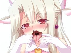 Rule 34 | 1girl, aoi masami, bare shoulders, blush, breath, earrings, fate/kaleid liner prisma illya, fate (series), feather hair ornament, feathers, finger in own mouth, gloves, hair ornament, heart, heart-shaped pupils, heart in mouth, illyasviel von einzbern, jewelry, long hair, looking at viewer, magical girl, mouth pull, open mouth, oral invitation, prisma illya, red eyes, saliva, simple background, solo, sweat, symbol-shaped pupils, teeth, tongue, tongue out, uvula, white background, white gloves, white hair