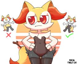 Rule 34 | animal ears, braixen, claws, closed mouth, creatures (company), formal, fox ears, fox tail, frown, furry, furry female, game freak, gen 6 pokemon, half-closed eyes, hands on own hips, leggings, mocho4266, nintendo, orange eyes, pokemon, stick, suit, tail, white fur, yellow fur