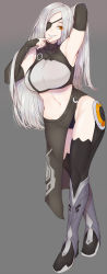 Rule 34 | 1girl, absurdres, alchemist (girls&#039; frontline), arm behind head, black footwear, black legwear, boots, bow, breasts, elbow gloves, eyebrows, eyepatch, finger to mouth, fingerless gloves, full body, girls&#039; frontline, gloves, grey background, grey hair, high heel boots, high heels, highres, large breasts, long hair, looking at viewer, nail polish, navel, pao mian+dan, pelvic curtain, sangvis ferri, simple background, smile, solo, standing, underboob