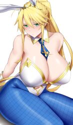 Rule 34 | 1girl, absurdres, ahoge, animal ears, arind yudha, artoria pendragon (all), artoria pendragon (fate), artoria pendragon (swimsuit ruler) (fate), bare shoulders, blonde hair, blue pantyhose, blush, braid, breasts, cleavage, clothing cutout, collarbone, detached collar, fate/grand order, fate (series), fishnet pantyhose, fishnets, french braid, gold trim, green eyes, hair between eyes, highleg, highleg leotard, highres, large breasts, leotard, long hair, looking at viewer, navel, navel cutout, necktie, pantyhose, playboy bunny, ponytail, rabbit ears, sidelocks, sitting, solo, thighs, tiara, white leotard, wrist cuffs
