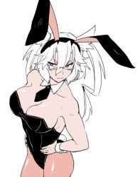 Rule 34 | 10s, 1girl, bad id, bad twitter id, breasts, dark-skinned female, dark skin, glasses, hands on own hips, ikeshita moyuko, kantai collection, large breasts, leotard, monochrome, musashi (kancolle), necktie, pantyhose, playboy bunny, pointy hair, rabbit tail, short hair, solo, tail, two side up, white hair, wrist cuffs