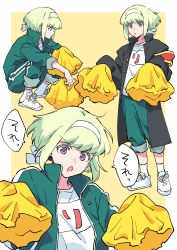 Rule 34 | 1boy, absurdres, armband, black jacket, cheering, cheerleader, green hair, headband, highres, jacket, lio fotia, male focus, multiple views, open mouth, oversized clothes, pom pom (cheerleading), promare, purple eyes, rew241, short hair, simple background, sleeves past wrists, standing, v-shaped eyebrows, white legwear, yellow background