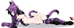Rule 34 | 1girl, absurdres, animal ears, animal hands, argyle, ass, bad id, bad tumblr id, black footwear, black hair, breasts, cat ears, cat tail, cheshire cat (alice in wonderland), cheshire cat (monster girl encyclopedia), commentary, english commentary, facial tattoo, from side, full body, fur, grin, head rest, heart, heart tattoo, high heels, highres, large breasts, looking at viewer, looking to the side, lying, monster girl, monster girl encyclopedia, multicolored hair, nude, on stomach, parted lips, purple fur, purple hair, purple thighhighs, reddgeist, ribs, shoes, sideboob, signature, simple background, smile, solo, tail, tattoo, thighhighs, two-tone hair, white background, yellow eyes