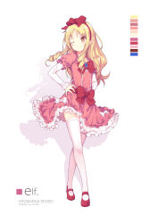 Rule 34 | 10s, 1girl, ;), absurdres, artist name, bad id, bad pixiv id, blonde hair, bow, brown eyes, character name, color guide, copyright name, dress, drill hair, eromanga sensei, frilled dress, frills, hair bow, hairband, hands on own hips, highres, hzyang, lolita fashion, long hair, looking at viewer, mary janes, one eye closed, pink dress, pointy ears, red bow, shoes, smile, solo, standing, thighhighs, twin drills, white thighhighs, yamada elf