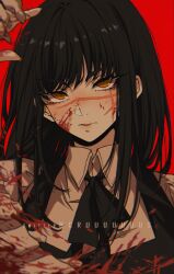 Rule 34 | 1girl, arm up, black hair, blood, blood on face, blood spray, chainsaw man, criis-chan, cross scar, dress, facial scar, fourth east high school uniform, long hair, looking at viewer, pinafore dress, red background, ringed eyes, scar, scar on cheek, scar on face, school uniform, simple background, sleeveless, sleeveless dress, solo, twitter username, yellow eyes, yoru (chainsaw man)