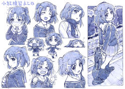 Rule 34 | &gt; &lt;, 1girl, :o, = =, > <, ^ ^, arms behind back, bag, blue theme, blush, breasts, chibi, closed eyes, d:, dx, closed eyes, graphite (medium), hands on own cheeks, hands on own face, highres, kneepits, looking at viewer, looking back, mikakunin de shinkoukei, monochrome, nervous smile, o o, open mouth, sakino shingetsu, scarf, school bag, school uniform, short hair, shy, sketch, skirt, small breasts, smile, solo, traditional media, twintails, two side up, yonomori kobeni