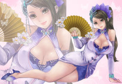 Rule 34 | 1girl, arm support, bad id, bad pixiv id, bare shoulders, black hair, breasts, bridal gauntlets, chinese clothes, cleavage, hand fan, halterneck, high heels, large breasts, legs, lips, lying, mole, mulupiyo, on side, shin sangoku musou, shoes, solo, zhen ji, zoom layer