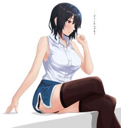 Rule 34 | 1girl, black hair, blue skirt, breasts, brown thighhighs, commentary request, crossed legs, hand up, jouzaburou (joe3), kantai collection, large breasts, playing with own hair, profile, red eyes, shirt, short hair, sitting, skirt, sleeveless, sleeveless shirt, solo, takao (kancolle), thighhighs, translation request, white background, white shirt