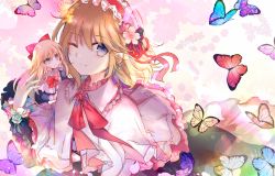 Rule 34 | 1girl, alice margatroid, blonde hair, blue dress, blue eyes, bow, bowtie, bright pupils, bug, butterfly, capelet, cherry blossoms, commentary request, dress, earrings, flower, frilled skirt, frilled sleeves, frills, hair bow, hair flower, hair ornament, hairband, insect, jewelry, kazu (muchuukai), lolita hairband, long hair, long sleeves, looking at viewer, medium hair, neck ribbon, one eye closed, partial commentary, red neckwear, ribbon, shanghai doll, skirt, smile, solo, spring (season), stud earrings, touhou, upper body, white capelet, white pupils, wrist flower