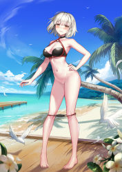 Rule 34 | 1991 (blz), 1girl, beach, bikini, bikini pull, bird, blonde hair, breasts, cleavage, clothes pull, contrapposto, dutch angle, fate/grand order, fate (series), flower, forest, groin, hand on own hip, highres, jeanne d&#039;arc alter (swimsuit berserker) (fate), jeanne d&#039;arc (fate), jeanne d&#039;arc alter (fate), jeanne d&#039;arc alter (swimsuit berserker) (fate), large breasts, nature, navel, ocean, palm tree, sand, short hair, solo, strap gap, swimsuit, tree, yellow eyes
