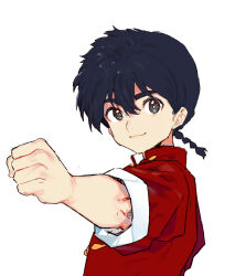 Rule 34 | 1boy, black eyes, black hair, braid, chinese clothes, clenched hand, closed mouth, looking at viewer, male focus, pinch (nesume), ranma 1/2, saotome ranma, simple background, single braid, solo, tangzhuang, upper body, white background