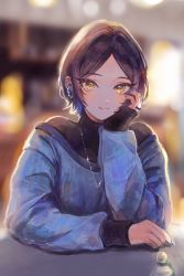 Rule 34 | 1girl, bad id, bad pixiv id, black sweater, blurry, blush, depth of field, earrings, eyelashes, forehead, hand on own cheek, hand on own face, hayami kanade, highres, idolmaster, idolmaster cinderella girls, jewelry, kougouseitanosi, layered clothes, lipgloss, long sleeves, looking at viewer, nail polish, necklace, off-shoulder sweater, off shoulder, parted bangs, shiny clothes, short hair, sleeves past wrists, smile, solo, sweater, yellow eyes