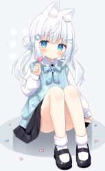 Rule 34 | 1girl, animal ear fluff, animal ears, black footwear, black skirt, blue bow, blue eyes, blush, bow, candy, closed mouth, collared shirt, commentary request, convenient leg, double bun, dress shirt, food, full body, grey background, hair bun, hair ornament, hairclip, highres, holding, holding candy, holding food, holding lollipop, knees up, lollipop, long hair, looking at viewer, low twintails, nakkar, original, plaid, plaid bow, pleated skirt, shadow, shirt, shoes, signature, simple background, sitting, skirt, socks, solo, sweater vest, twintails, white hair, white shirt, white socks