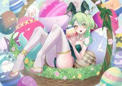 Rule 34 | 1girl, :d, absurdres, animal ears, antlers, asymmetrical legwear, bare shoulders, barefoot, basket, blush, bow, braid, braided bangs, branch, breasts, ceres fauna, cleavage, colored tips, detached collar, easter, easter egg, egg, fake animal ears, feet, flower, gradient hair, green bow, green hair, green leotard, green nails, hair flower, hair ornament, highleg, highleg leotard, highres, holding, hololive, hololive english, horns, leotard, looking at viewer, medium breasts, medium hair, mole, mole under eye, multicolored hair, nail polish, null suke, open mouth, pantyhose, playboy bunny, rabbit ears, sidelocks, single braid, sitting, sleeveless, smile, solo, strapless, strapless leotard, teeth, thighhighs, toes, tongue, twintails, virtual youtuber, white pantyhose, white thighhighs, yellow eyes
