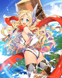 Rule 34 | 1girl, :d, ahoge, arm guards, armor, armpits, ass, ass cutout, back, bare back, bare shoulders, blonde hair, blue eyes, blue sky, bodysuit, boots, breastplate, butt crack, clothing cutout, cloud, day, detached sleeves, empew, floating hair, flying, from behind, from side, greaves, hammer, happy, head wings, headgear, holding, holding weapon, huge weapon, landscape, leotard, long hair, looking at viewer, looking back, ocean, open mouth, outdoors, over shoulder, red scarf, revealing clothes, scarf, skin tight, sky, smile, solo, thigh boots, thighhighs, torn clothes, vambraces, very long hair, water, wavy hair, weapon, weapon over shoulder, wind, wings