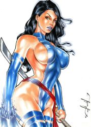 Rule 34 | 1girl, artist request, ass, black hair, blue leotard, breasts, curvy, energy sword, highleg, highleg leotard, highres, holding, holding sword, holding weapon, impossible clothes, impossible leotard, katana, large breasts, leotard, lips, long hair, looking at viewer, looking to the side, marvel, painting (medium), psylocke, red sash, revealing clothes, sash, shiny clothes, shiny skin, skindentation, solo, standing, sword, thong leotard, traditional media, tree, very long hair, weapon, wide hips, x-men