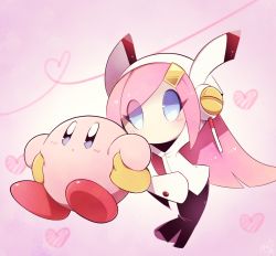 Rule 34 | bad id, bad twitter id, blue eyes, colored skin, gradient background, hair ornament, hairclip, holding person, kirby, kirby: planet robobot, kirby (series), nintendo, no humans, pink background, pink hair, pink skin, rayman limbs, susie (kirby), suzuyuki cafe