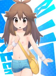 Rule 34 | 1girl, :o, absurdres, bag, blush, breasts, brown eyes, brown hair, commentary request, cowboy shot, creatures (company), eyelashes, game freak, green (pokemon), hair flaps, hand up, highres, long hair, looking at viewer, nintendo, nipples, open mouth, outline, pokemon, pokemon lgpe, shorts, shoulder bag, sidelocks, small breasts, solo, topless, wristband, xin lan deng, yellow bag