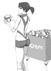 Rule 34 | 1girl, ass, ball, bare shoulders, copyright request, elbow pads, from behind, girls und panzer, gomu (chewinggom), greyscale, gym uniform, highres, kawanishi shinobu, knee pads, looking at viewer, looking back, molten (company), monochrome, parted lips, ponytail, short hair, short shorts, shorts, sideways glance, sideways mouth, simple background, solo, sportswear, sweat, volleyball, volleyball (object), volleyball uniform, white background