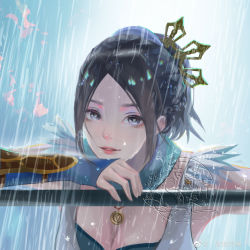 Rule 34 | 1girl, absurdres, against railing, black hair, blue background, feather-trimmed sleeves, hair ornament, hairpin, highres, hua jianghu zhi bei mo ting, ji ruxue (hua jianghu), against railing, looking at viewer, ming chu(n/a), official alternate costume, open mouth, railing, rain, scarf, solo, teeth, upper teeth only, wet