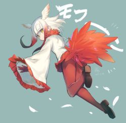 Rule 34 | 10s, 1girl, 2017, artist name, azu-taro, bad id, bad twitter id, blue background, blunt bangs, dated, feather trim, feathered wings, feathers, flying, frilled sleeves, frills, from behind, full body, gloves, head wings, jacket, japanese crested ibis (kemono friends), kemono friends, long sleeves, looking at viewer, looking back, multicolored hair, outstretched arms, pantyhose, pleated skirt, red gloves, red hair, red pantyhose, red skirt, shoes, short hair with long locks, sidelocks, signature, simple background, skirt, slit pupils, solo, tail, white hair, wide sleeves, wings, yellow eyes