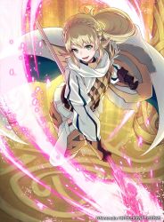 Rule 34 | 1girl, 40hara, armor, blonde hair, braid, brown gloves, cape, company name, crown braid, fire emblem, fire emblem cipher, fire emblem heroes, gloves, green eyes, highres, holding, holding shield, holding weapon, long hair, long sleeves, nintendo, official art, open mouth, polearm, scale armor, sharena (fire emblem), shield, skirt, solo, weapon, white skirt