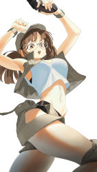 Rule 34 | 1girl, absurdres, baseball cap, breasts, brown eyes, brown hair, fio germi, ghdwid, glasses, gun, handgun, hat, highres, hip vent, knee pads, large breasts, metal slug, midriff, open clothes, open shorts, revolver, shirt, short hair, shorts, simple background, weapon, white background, white shirt, wristband