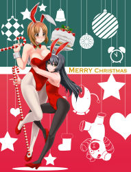 Rule 34 | 2girls, :o, alarm clock, anglerfish, animal ears, black legwear, blush, boko (girls und panzer), bow, bowtie, breast rest, breasts, cake, candy, candy cane, christmas ornaments, cleavage, clock, detached collar, emblem, english text, fake animal ears, fake tail, fish, food, ghtnh5110, girls und panzer, head on chest, high heels, highleg, highleg leotard, highres, holding, holding candy, holding candy cane, holding food, holding tray, hug, leaning forward, legs, leotard, long hair, looking at another, looking at viewer, medium breasts, merry christmas, multiple girls, nishizumi miho, pantyhose, parted lips, playboy bunny, rabbit ears, rabbit tail, red footwear, red leotard, red neckwear, reizei mako, saitou gabio, short hair, small breasts, standing, star (symbol), strapless, strapless leotard, stuffed animal, stuffed toy, tail, teddy bear, tray, two-tone background, white legwear, wrist cuffs
