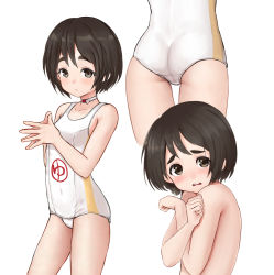 Rule 34 | 1girl, ass, black hair, brown eyes, choker, unworn clothes, contrapposto, covering privates, covering breasts, cowboy shot, embarrassed, fingers together, highres, kantai collection, kibitarou, looking at viewer, maru-yu (kancolle), multiple views, nude, old school swimsuit, one-piece swimsuit, open mouth, parted bangs, school swimsuit, short hair, simple background, steepled fingers, swimsuit, teeth, thick eyebrows, upper body, upper teeth only, white background, white choker, white one-piece swimsuit, white school swimsuit