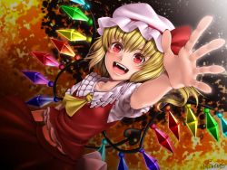 Rule 34 | 1girl, :d, arm at side, arm up, ascot, bare arms, blonde hair, bow, collarbone, crystal, dutch angle, fangs, fingernails, flandre scarlet, foreshortening, frilled shirt, frilled shirt collar, frilled sleeves, frills, graphite (medium), hair between eyes, hat, hat bow, hat ribbon, head tilt, looking at viewer, medium hair, midriff peek, mitama mudimudi, mob cap, nail polish, open mouth, outstretched arm, outstretched hand, reaching, reaching towards viewer, red bow, red eyes, red nails, red ribbon, red skirt, red vest, ribbon, shirt, short sleeves, side ponytail, signature, skirt, skirt set, smile, solo, spread fingers, stomach, teeth, tongue, touhou, traditional media, upper body, upper teeth only, vest, white shirt, wings, yellow ascot