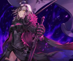 Rule 34 | 1girl, ahoge, armor, banner, cape, fate/grand order, fate (series), fur trim, holding, holding sword, holding weapon, jeanne d&#039;arc (fate), jeanne d&#039;arc alter (avenger) (fate), jeanne d&#039;arc alter (avenger) (first ascension) (fate), jeanne d&#039;arc alter (fate), pokimari, short hair, silver hair, smile, solo, standing, sword, weapon, yellow eyes