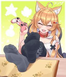Rule 34 | 1girl, animal ears, blush, closed eyes, controller, feet, game controller, highres, idol corp, long hair, open mouth, paw print, pochi wanmaru, sitting, soles, table, thighhighs, virtual youtuber