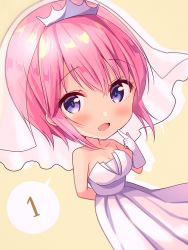 Rule 34 | 1girl, :d, amedamacon, bare shoulders, beige background, blush, breasts, chibi, cleavage, collarbone, commentary request, dress, drop shadow, elbow gloves, finger to mouth, gloves, go-toubun no hanayome, hair between eyes, hand up, highres, medium breasts, nakano ichika, open mouth, pink hair, pleated dress, purple eyes, see-through, short hair, smile, solo, strapless, strapless dress, tiara, veil, white dress, white gloves