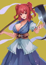 Rule 34 | 1girl, :d, absurdres, blue dress, blush, breasts, dress, eyebrows hidden by hair, hair between eyes, hair bobbles, hair ornament, hand up, highres, hitodama, holding, holding scythe, koizumo, large breasts, looking at viewer, medium hair, onozuka komachi, open mouth, puffy short sleeves, puffy sleeves, red eyes, red hair, scythe, short sleeves, simple background, smile, solo, touhou, two side up, yellow background