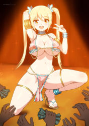 Rule 34 | 1girl, belly dancer, blonde hair, breasts, cleavage, fairy tail, fairy tail: dragon cry, harem outfit, high heels, large breasts, lucy heartfilia, midriff, money, navel, revealing clothes, smile, solo focus, spotlight, twintails, virus-g