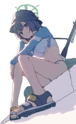 Rule 34 | 1girl, bare legs, blue archive, blue eyes, blue footwear, blue hair, blue headwear, blue panties, closed mouth, cropped shirt, dutch angle, eyelashes, feet, foreshortening, halo, highres, kneeichigo, knees together feet apart, legs, long sleeves, looking at viewer, medium hair, panties, saki (blue archive), saki (swimsuit) (blue archive), sandals, simple background, sitting, solo, swimsuit, toes, underwear, white background