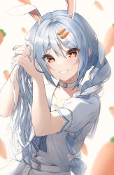Rule 34 | 1girl, absurdres, animal ear fluff, animal ears, belt, blue hair, braid, carrot hair ornament, choker, collarbone, food-themed hair ornament, grin, hair between eyes, hair ornament, hairdressing, highres, holding, holding own hair, hololive, long hair, looking at viewer, multicolored hair, popcat (jung5u), rabbit ears, rabbit girl, short sleeves, sidelocks, simple background, smile, solo, thick eyebrows, two-tone hair, upper body, usada pekora, usada pekora (casual), virtual youtuber, white background, white belt, white choker, white hair
